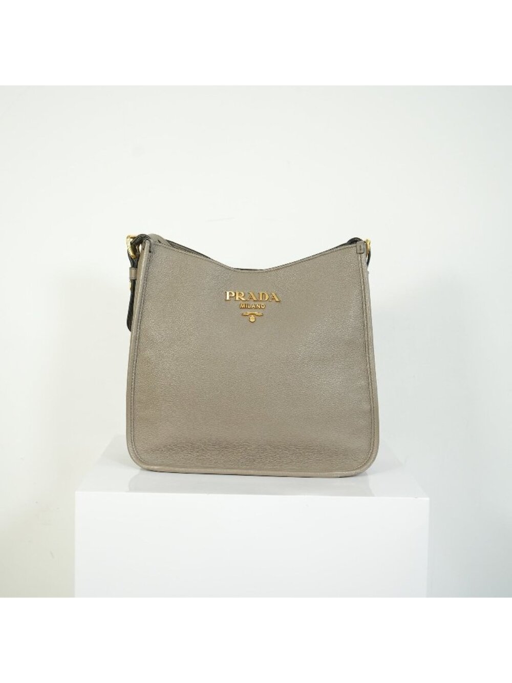 Prada Taupe Grey Vitello Phenix Leather Shoulder Bag Gold Hardware